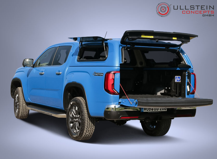 Aeroklas Green-Top Hardtop Canopy with open flaps and windows on a blue VW Amarok pickup truck