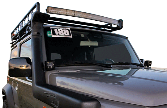 Grey Suzuki Jimny with off-road snorkel by TJM 4x4 Equipped. Variant with standard air intake