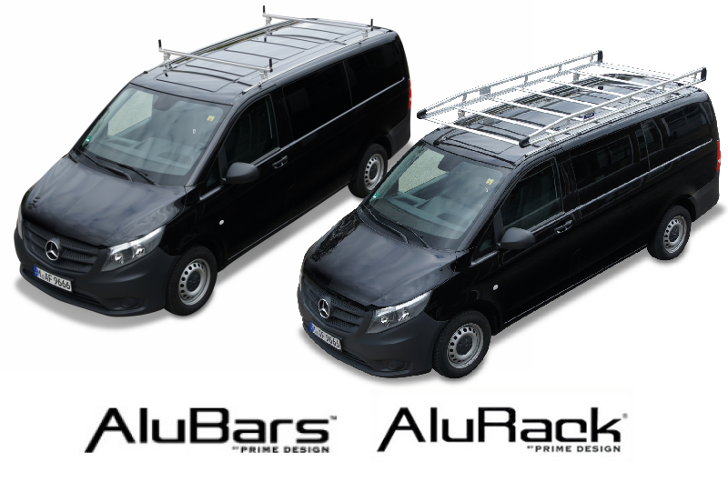 Schwarzer Mercedes Vito und Viano mit AluBar Dachträger und AluRack Dachgepäckträger