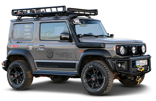 Side view of a Jimny conversion with off-road equipment and Ullstein Concepts wrapping