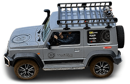 Ullstein Concepts Jimny from bird's eye view showing the aluminum roof rack X-Rack with raised side panels