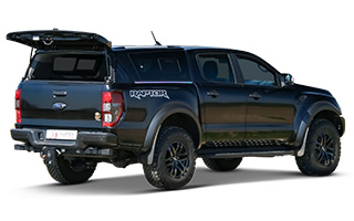 Sammitr TL-1 hardtop with open tailgate on a Ford Ranger Raptor in black