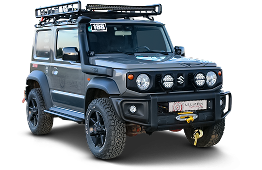 Tuned Suzuki Jimny from Ullstein Concepts with offroad parts: TJM winch and attachment kit, front guard, running board, X-rack roof rack, snorkel, Strands LED auxiliary headlights and LED lightbar on roof. 