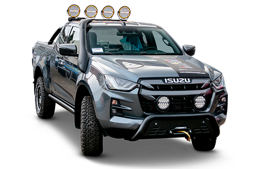 Isuzu D-Max 2021 with offroad parts: 4 round strands LED work lights on the roof, 2 LED spotlights above the front bar and TJM winch